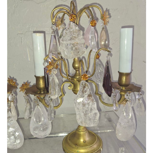 Glass 19thc Opulent French Louis XVI Rock Crystal & Bronze Table Lamps/ Girandoles a - Pair For Sale - Image 7 of 18