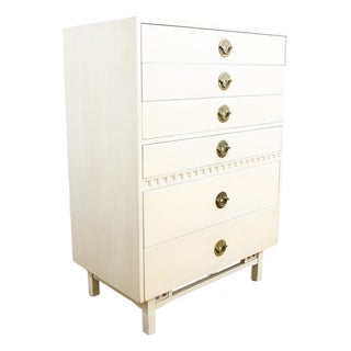 1960s Mid Century Modern Dresser Highboy 6 Drawer White American Kalpe Trim For Sale