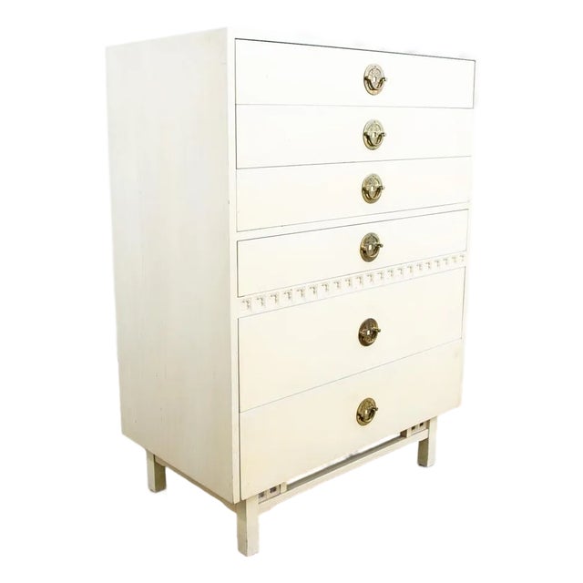 1960s Mid Century Modern Dresser Highboy 6 Drawer White American Kalpe Trim For Sale