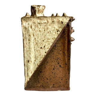 Signed 1970s Mid Century Stoneware Chimney Vase /Brutalist Brown and Beige Ceramic Art Studio Pottery For Sale