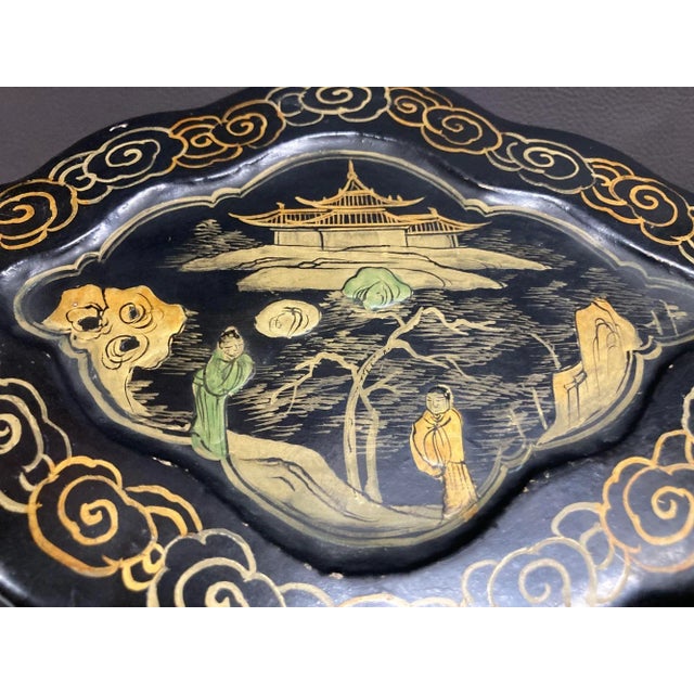 Chinoiserie Antique Chinese Black Lacquer Gilt Painted Covered Tea Box 1940s For Sale - Image 3 of 11