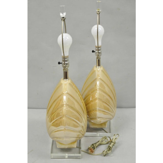 Gold Late 20th Century Mid Century Modern Iridescent Gold Ceramic Pottery Clam Shell Table Lamp - Pair For Sale - Image 8 of 15