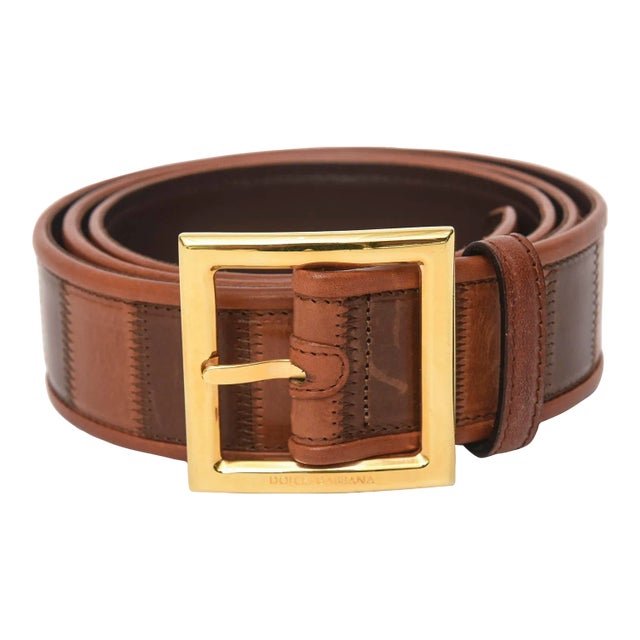 Dolce and Gabbana Italian Brown and Brass Tone Leather Belt For Sale