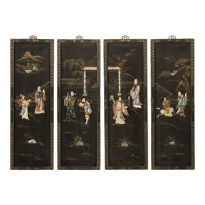 Chinese Set of Four Black Lacquered Wall-Hanging Room Divider Panels