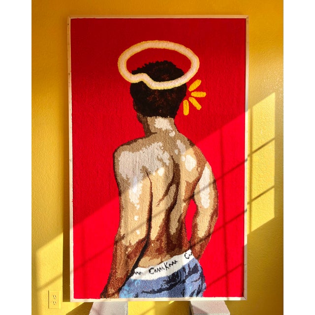 Contemporary Cedric Vu "Too Noble to Curb" Tufted Yarn Portrait, Back Figure, Golden Halo, Deep Red, Contemporary California Textile Art, Pop Art, 2025 For Sale - Image 3 of 8
