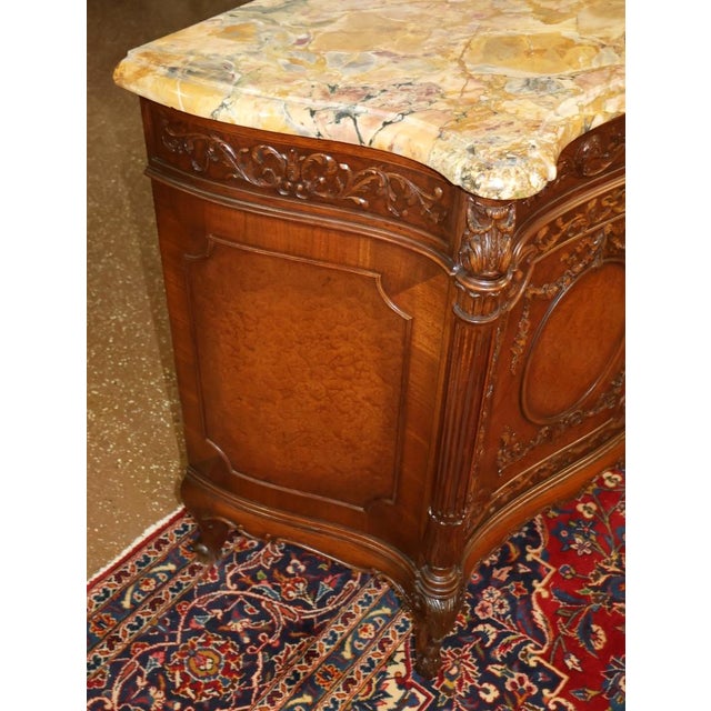 French French Louis XVI Style Marble Top Burl Wood Server Dresser Commode Circa 1920 For Sale - Image 3 of 14