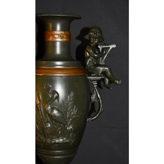 Vintage Mixed Metal Vase French Style Urn With Figural Cherubs and Cranes For Sale - Image 4 of 17