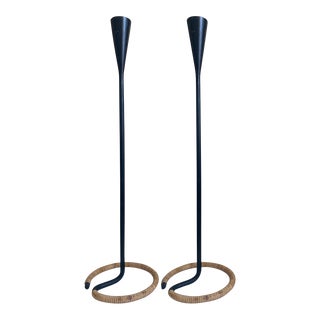 Arthur Umanoff Iron Wicker Wrapped Candle Sticks, a Pair For Sale