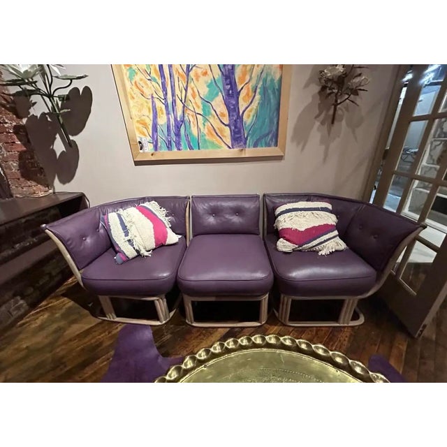 Mid 20th Century Vintage Purple Leather & Teak 3 Piece Sectional Sofa For Sale - Image 6 of 9