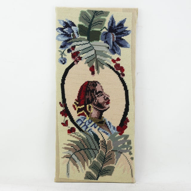 Traditional Vintage Portrait Needlework Vertical Textile Art Tropical Botanical Profile With Floral Motif For Sale - Image 3 of 8