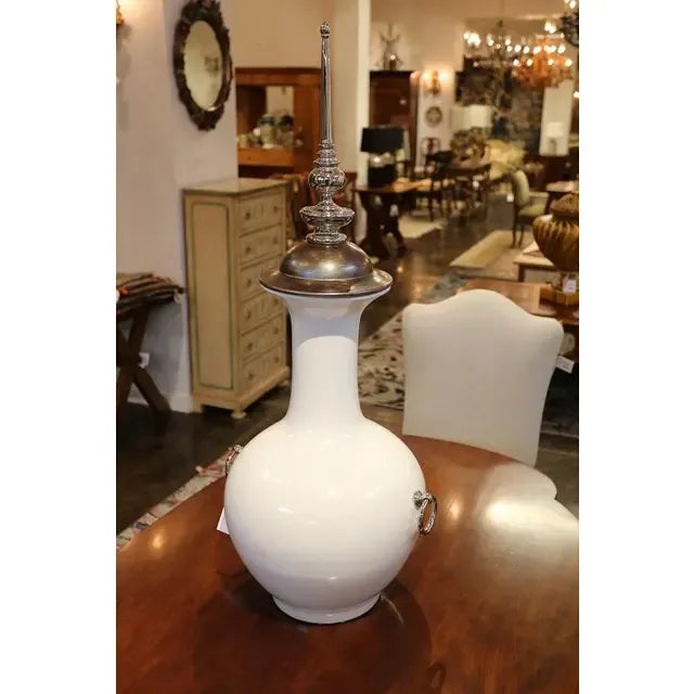 Silver Leaf Lidded White Ceramic Vase For Sale - Image 4 of 10