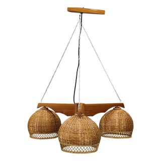 Czechoslovakian Rattan and Pine Pendant Light, 1970s For Sale