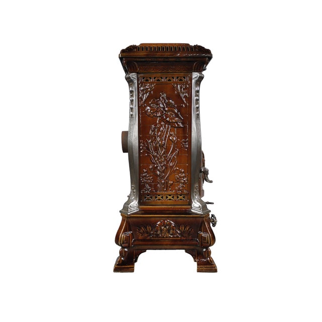 1920s Antique French Art Nouveau Brown Majolica and Enameled Cast Iron Fireplace Tower Stove with Floral Reliefs, 1920s For Sale - Image 5 of 14