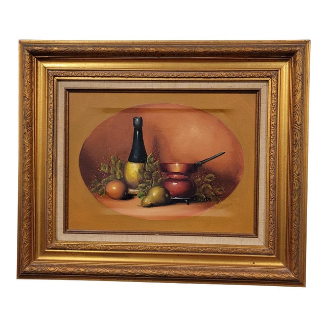 Vintage Original Still Life Art Fruit & Wine Signed & Framed by Artist For Sale