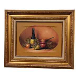 Vintage Original Still Life Art Fruit & Wine Signed & Framed by Artist