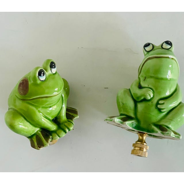 Shabby Chic 1960s Pair Cute Ceramic Frog Figurines Lamp Finials For Sale - Image 3 of 5