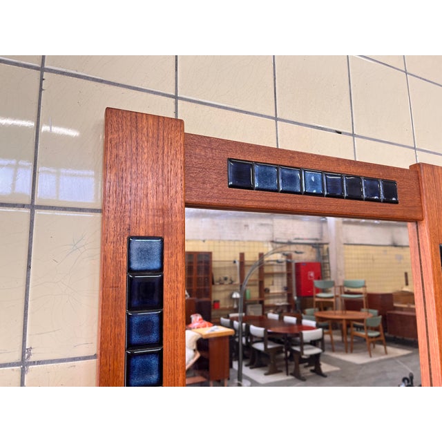 Large Danish Mirror with Teak Frame and Blue Tile Inlay, 1960 For Sale - Image 4 of 6