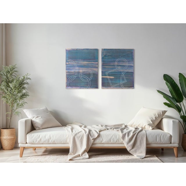 Contemporary Rebecca Koury "How Deep Is Your Ocean" Blue Green Diptych Contemporary Abstract, Acrylic on Canvas/Panel, Carmel California Art For Sale - Image 3 of 3
