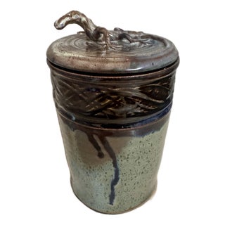 Mid 20th Century Studio Pottery Vessel With Sculptural Lizard Lid For Sale