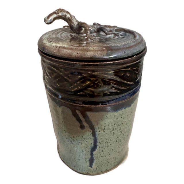 Mid 20th Century Studio Pottery Vessel With Sculptural Lizard Lid For Sale