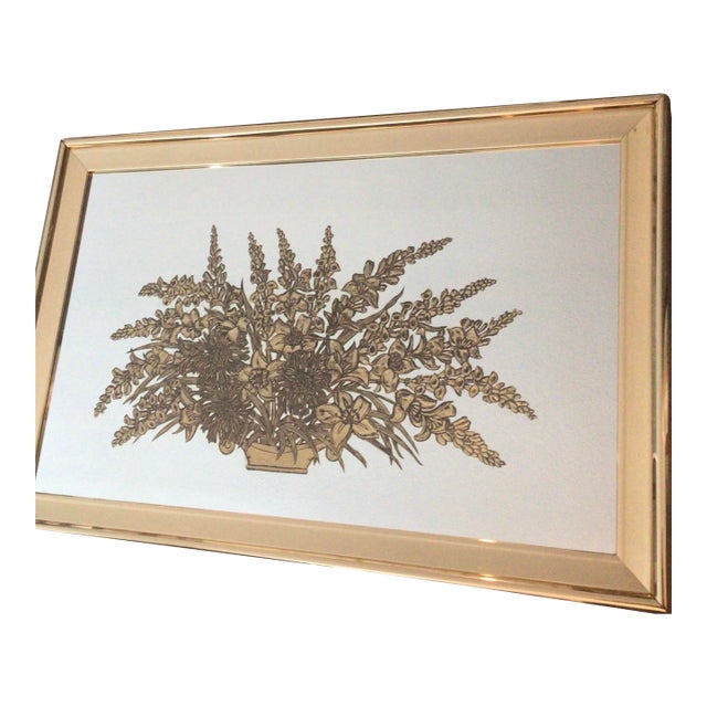 Hollywood Regency MCM Large Gold Framed Mirror W Gold Gilt Etched Flower Basket With Gold “Giltwood” Frame, Free White-Delivery Up to 60 Miles For Sale