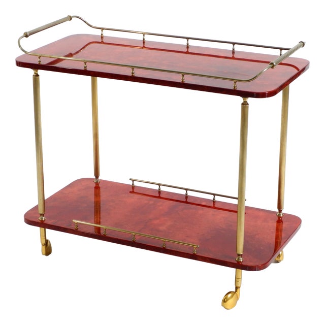 Large Vintage Red Goatskin Serving Bar Cart by Aldo Tura, 1960s For Sale