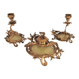 Antique French Brass Inkwell & Candlesticks With Onyx Center - Set of 3 For Sale