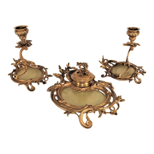 Antique French Brass Inkwell & Candlesticks With Onyx Center - Set of 3 For Sale