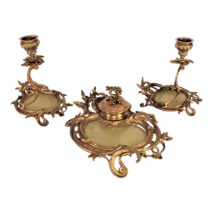 Antique French Brass Inkwell & Candlesticks With Onyx Center - Set of 3