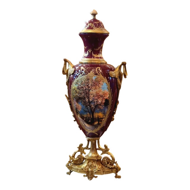 Burgundy French Porcelain Vase – Romantic Victorian Scene With Gold Accents For Sale
