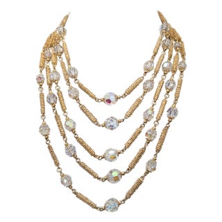 Vintage 1960s Signed Vendome Goldtone Aurora Borealis Beaded Multistrand Necklace For Sale