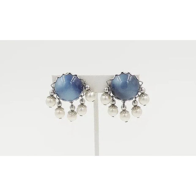 Napier Vintage 1950s Signed Napier Blue Moonglow Faux-Pearl Clip Earrings - 2 Pieces For Sale - Image 4 of 6