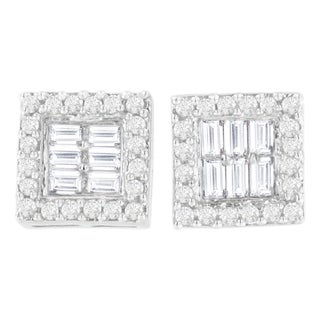 14K White Gold 1 cttw Round and Baguette Diamond Stud Earrings (H-I, SI1-SI2) For Sale