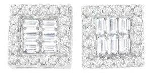 14K White Gold 1 cttw Round and Baguette Diamond Stud Earrings (H-I, SI1-SI2)