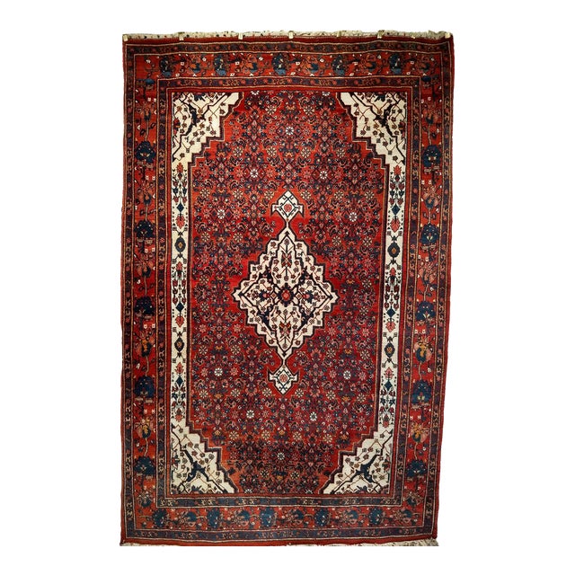 Vintage Persian Bidjar Rug, Hand-Knotted Wool, Herati Geometric Pattern, Red & Ivory, 5x8 For Sale