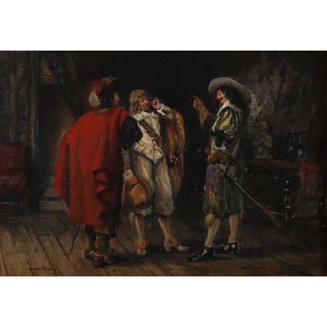 This is a lovely antique English oil on panel of 'Three Cavaliers' by Frank Moss Bennett (1874-1953), signed and dated...