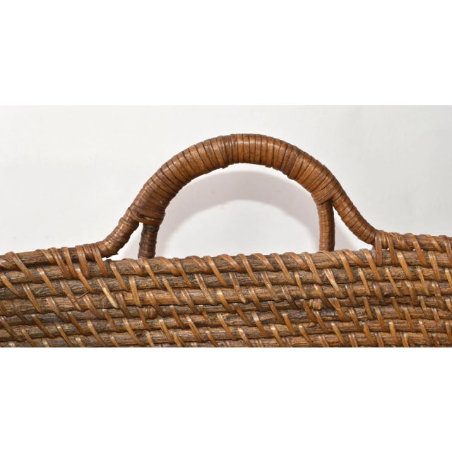 Brown 1970s Handmade Wood Reed Split Oak Firewood Basket Holder Woven Handles For Sale - Image 8 of 12