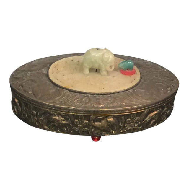 1930s Art Deco Brass Repousse Jade Elephant Oval Vanity Box For Sale