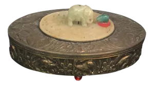 1930s Art Deco Brass Repousse Jade Elephant Oval Vanity Box