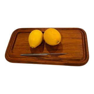Vintage Mid-Century Modern Kalmar Designs Teak Cheese Board & Serving Tray With Original Stainless Knife For Sale