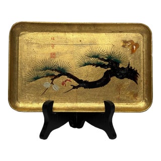 Vintage Japanese Hand Painted Lacquerware Tray on Gold Leaf & Stand For Sale