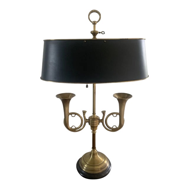 Mid-20th Century English Country Brass Horn Bouillotte Lamp With Black Tole Shade For Sale