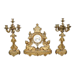 Fantastic Figural Maiden Sphinx 19th Century French Empire Clock Set