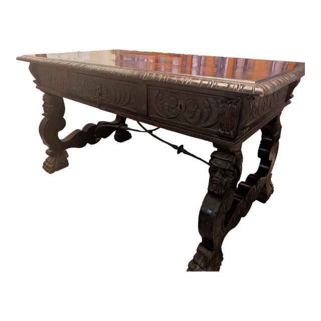19th Century Spanish Two Faces Baroque Style Oak Library Table or Desk For Sale