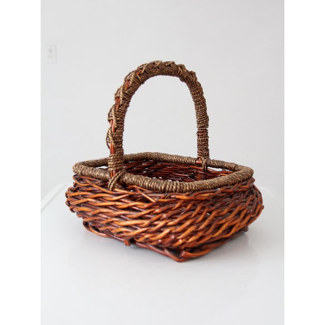 Vintage Woven Willow Basket With Wrapped Arched Handle For Sale - Image 6 of 14