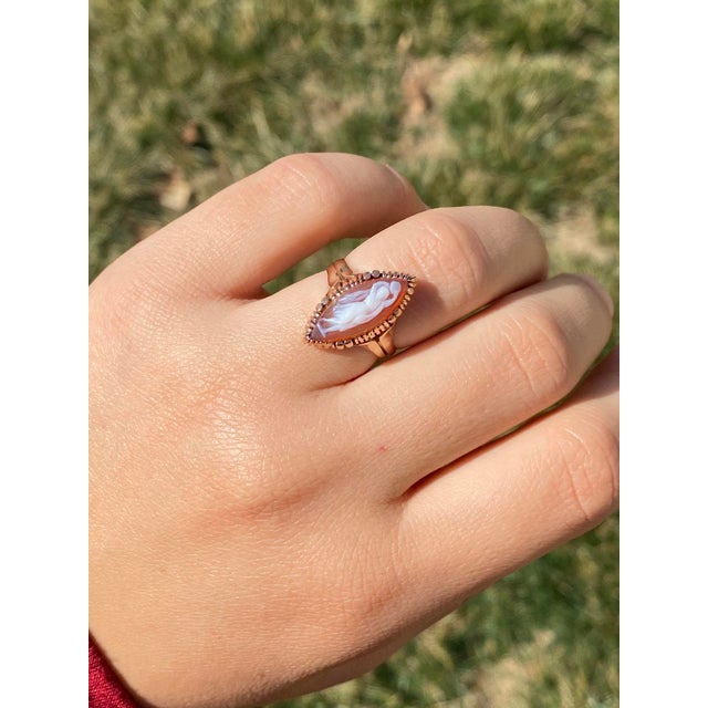 The Thana: Antique Victorian 14K Rose Gold Navette Shaped Cameo Ring. Crafted in 14 karat rose gold, this ladies' ring...