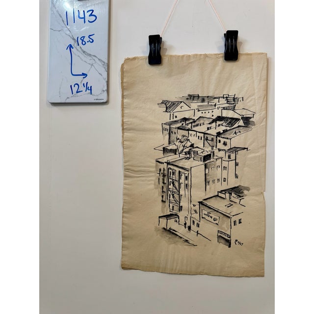 Paper Henry Emil Salloch Original Pen and Ink on Paper Urban Scene, 1957. For Sale - Image 7 of 7