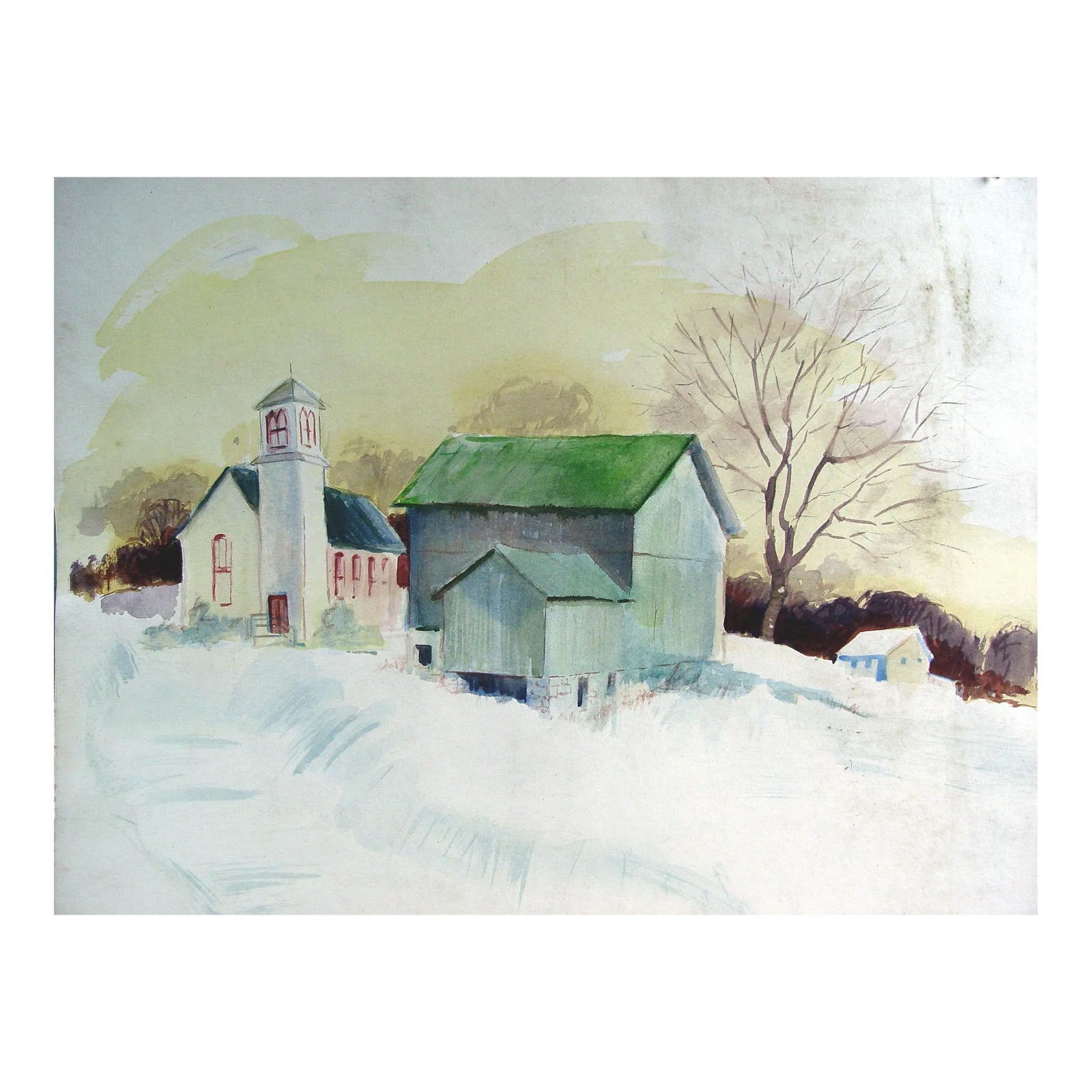Vintage Schoolhouse and Barn in Winter Watercolor Painting | Chairish