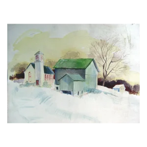 Vintage Schoolhouse and Barn in Winter Watercolor Painting
