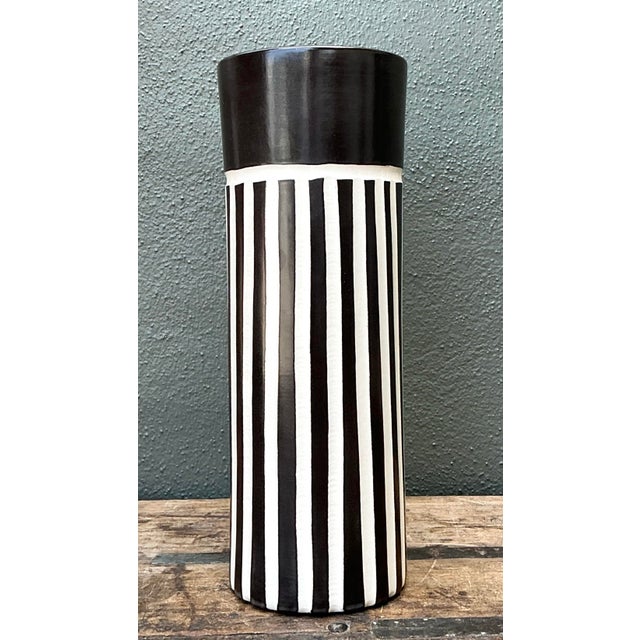 Black Vintage Original Graphic Black and White Glazed Ceramic Vase For Sale - Image 8 of 12